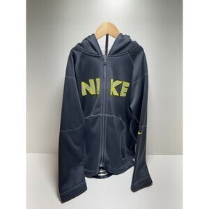 Nike Warm Up Jacket Hooded full Zip Women’s M/L Gray Yellow Letters Athleisure